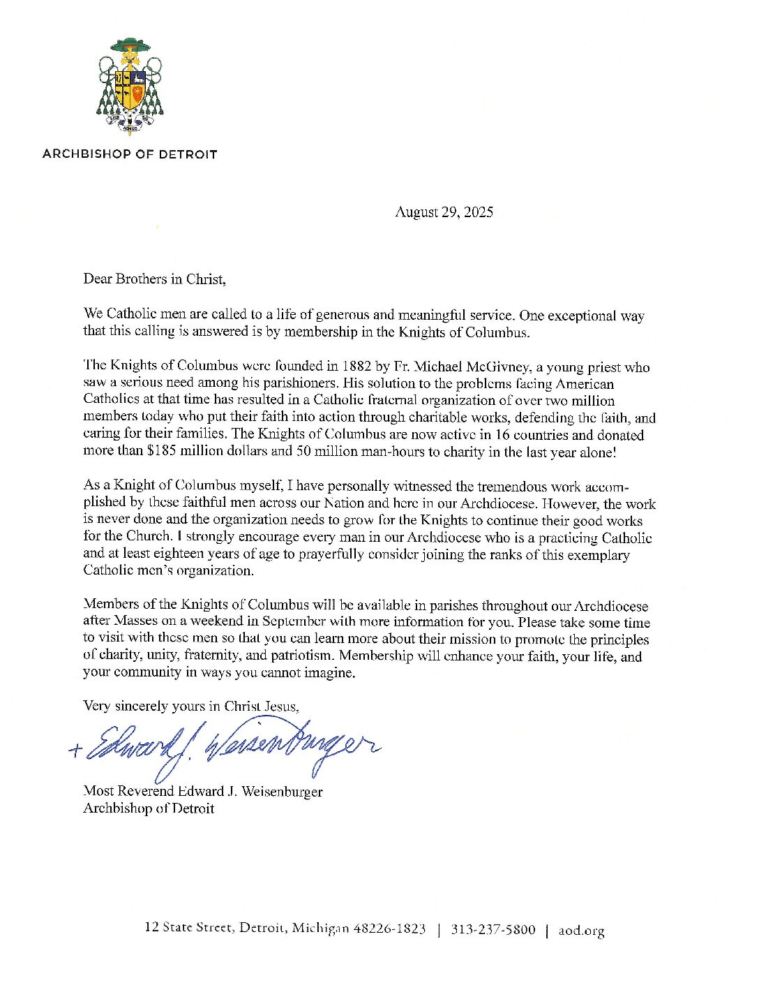 Most Reverend Edward J. Weisenburger Archbishop of Detroit