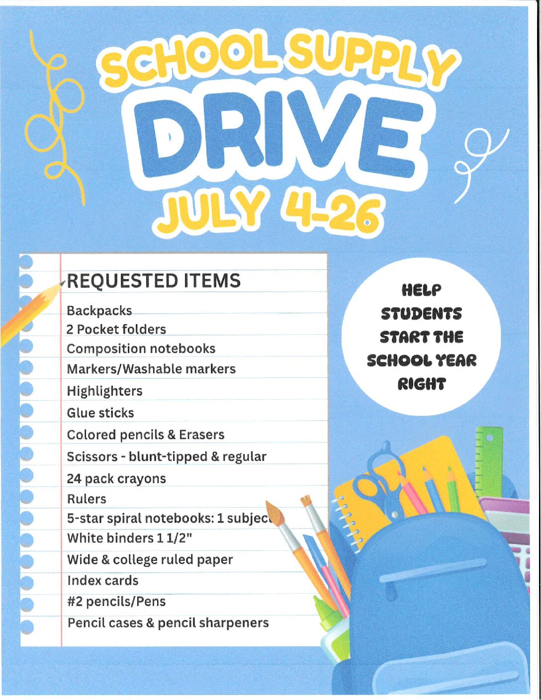 School Supply Collection for Catholic Charities and J.O.M - July 4 - 26
