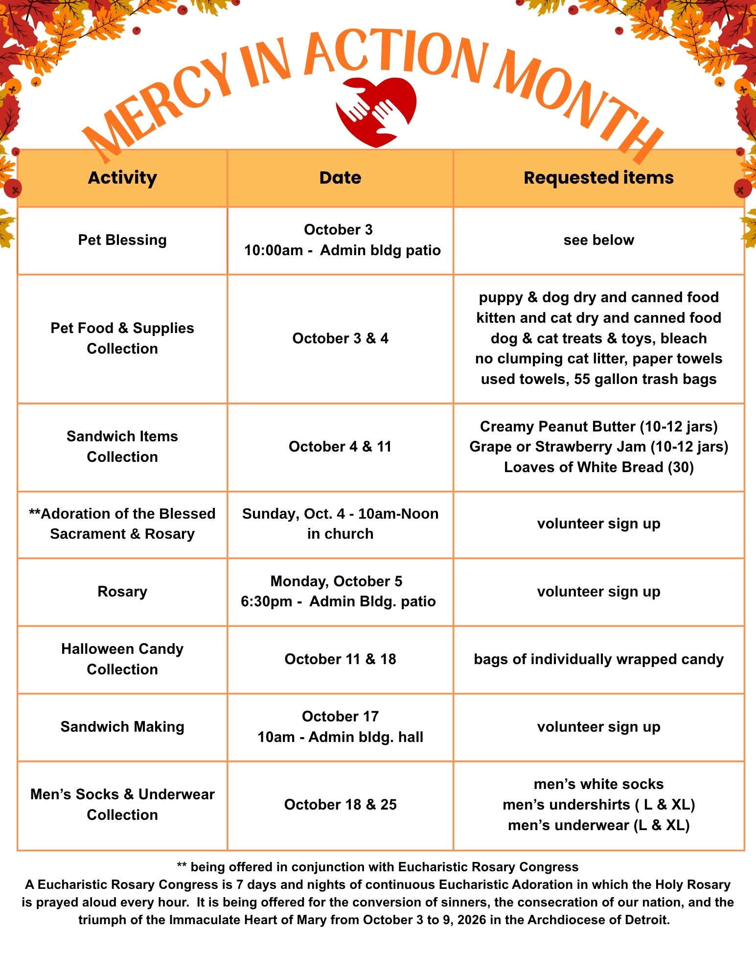 Mercy in Action Month Calendar
